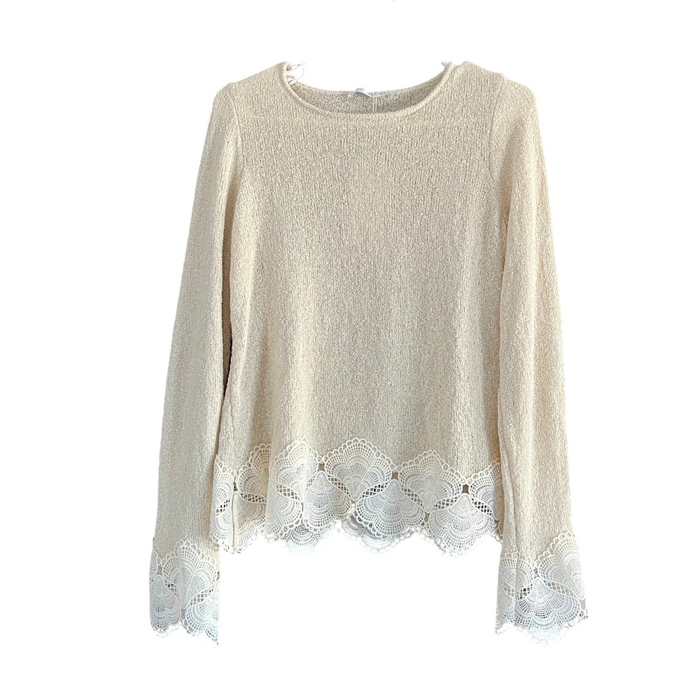 Zara Cream Textured Knit Lace Trim Sweater 8779/160/711 NWT Size M
